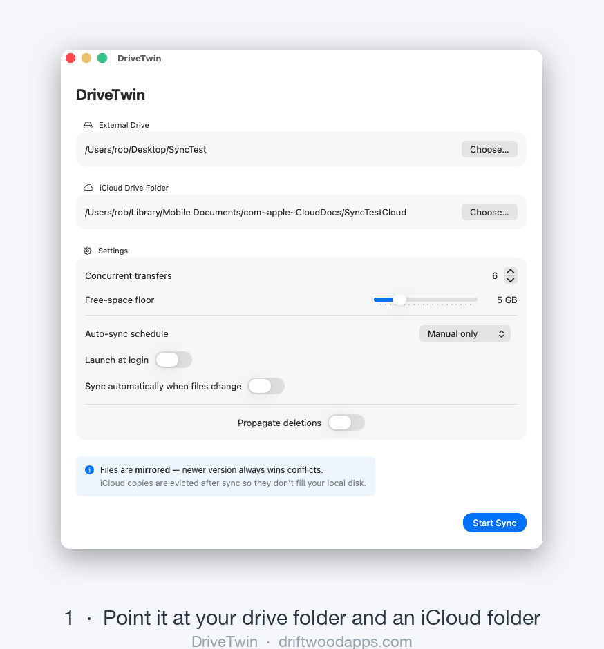 DriveTwin mirroring an external drive to iCloud: choose folders, review the plan, sync, verify.