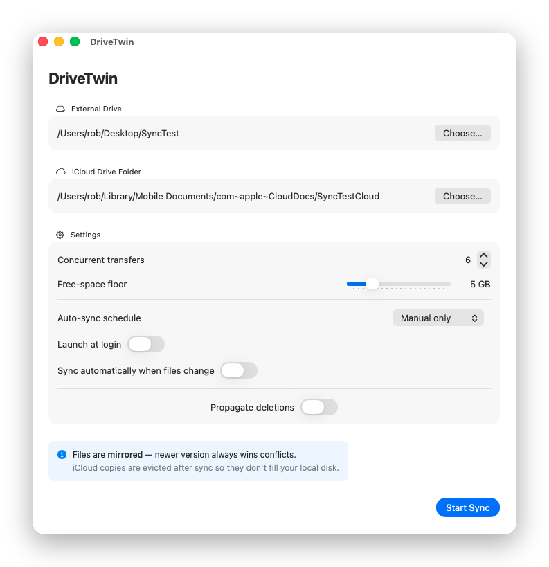 DriveTwin setup screen showing external drive and iCloud folder pickers with sync settings.