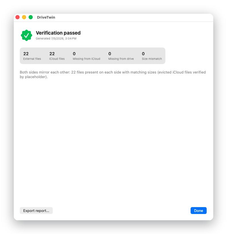 Verification report showing both sides mirror each other — 22 files on each side, zero missing, zero size mismatches.
