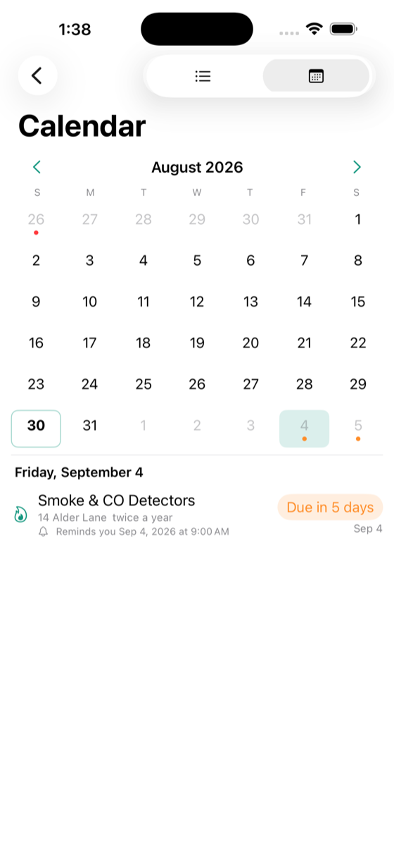 A month view of upcoming maintenance.